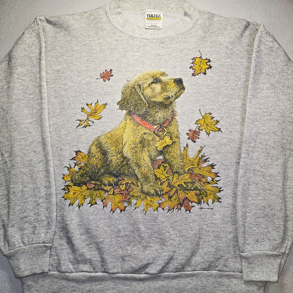 Vtg 90s Golden Retriever Dog Autumn Leaves Sweatshirt Medium Tultex USA Fleece..